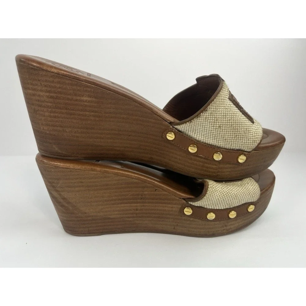 Tory Burch Terri Wood Canvas Wedge Sandals Women's Size 8.5M Brown Slip On